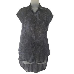 S-Twelve Lightweight Blouse Size S Black Gray Sexy Open Back Semi Sheer Snaps